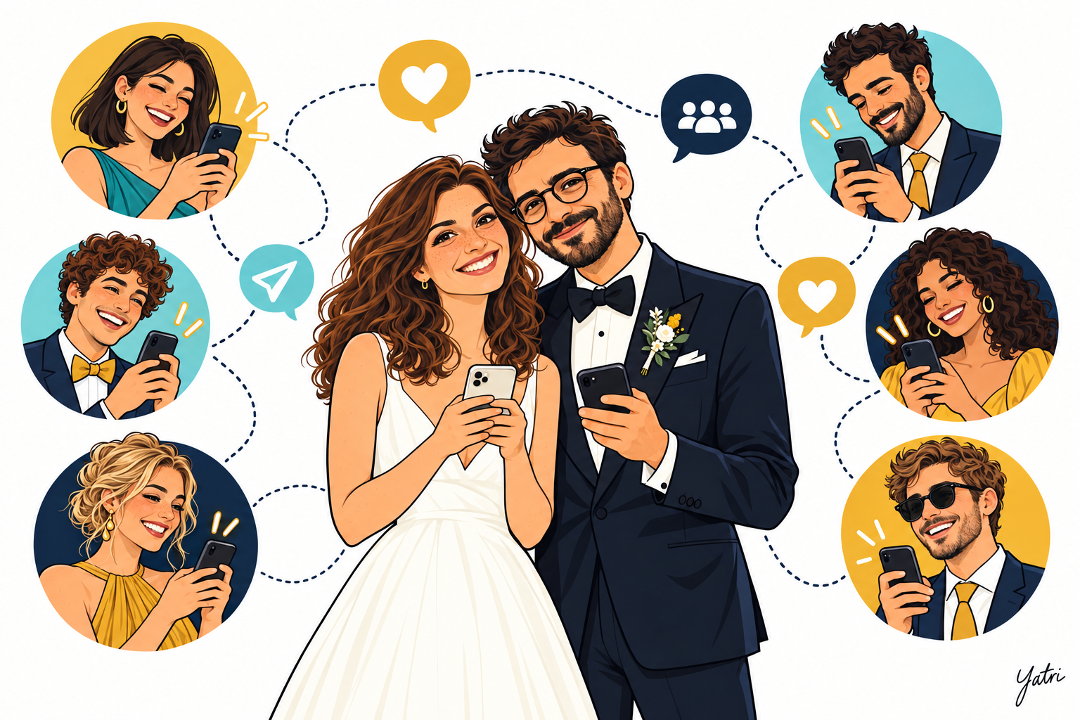 Giulia, Matteo e gli invitati collegati tra loro con i cellulari